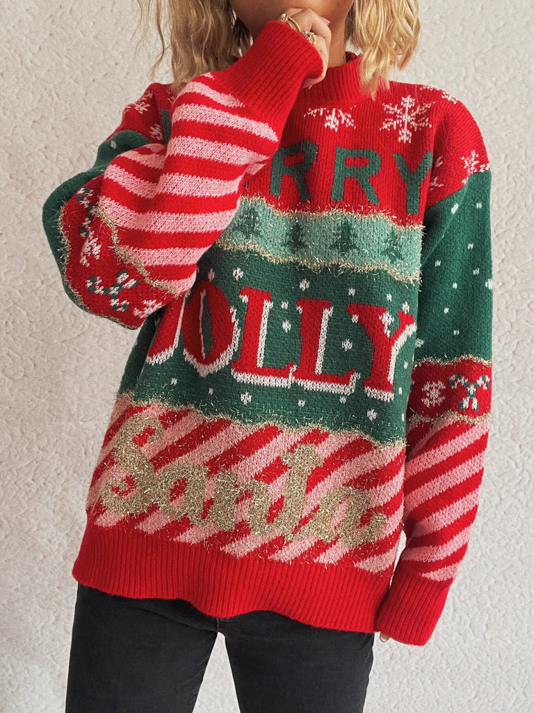 Christmas Letter Round Neck Long Sleeve Sweater - Red by Trendsi from FREYA’S CLOSET