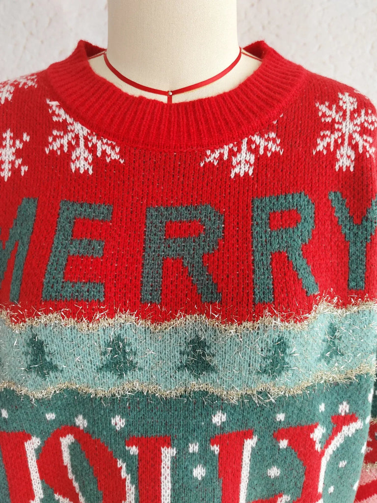 Christmas Letter Round Neck Long Sleeve Sweater - Red by Trendsi from FREYA’S CLOSET