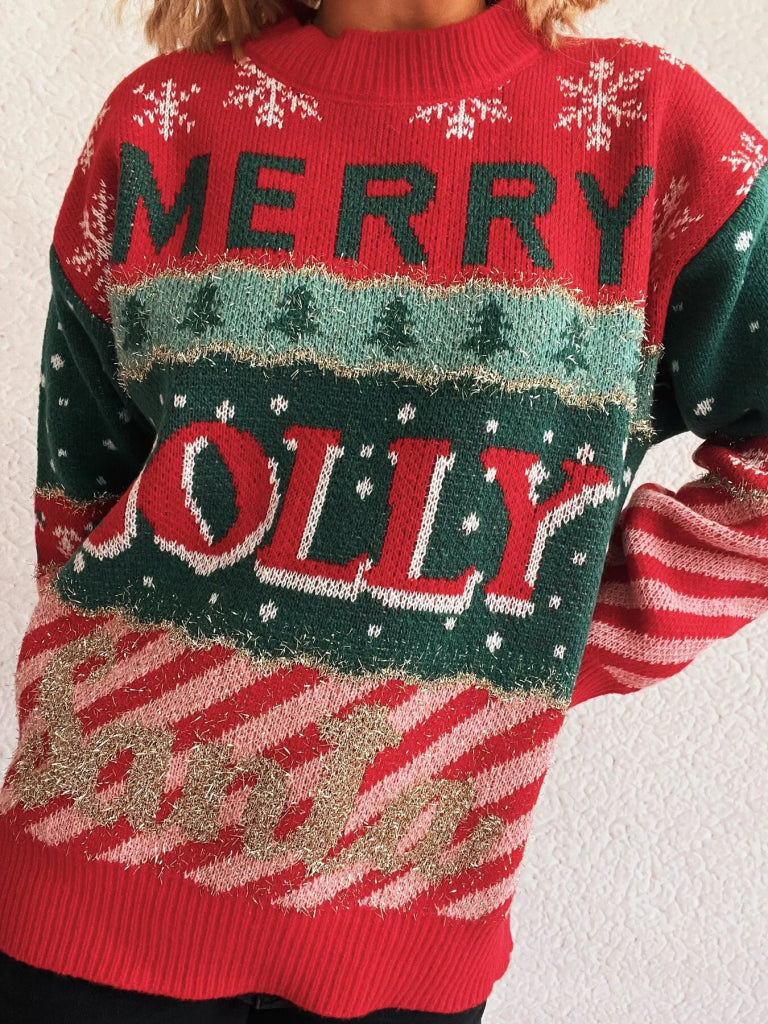 Christmas Letter Round Neck Long Sleeve Sweater - Red by Trendsi from FREYA’S CLOSET