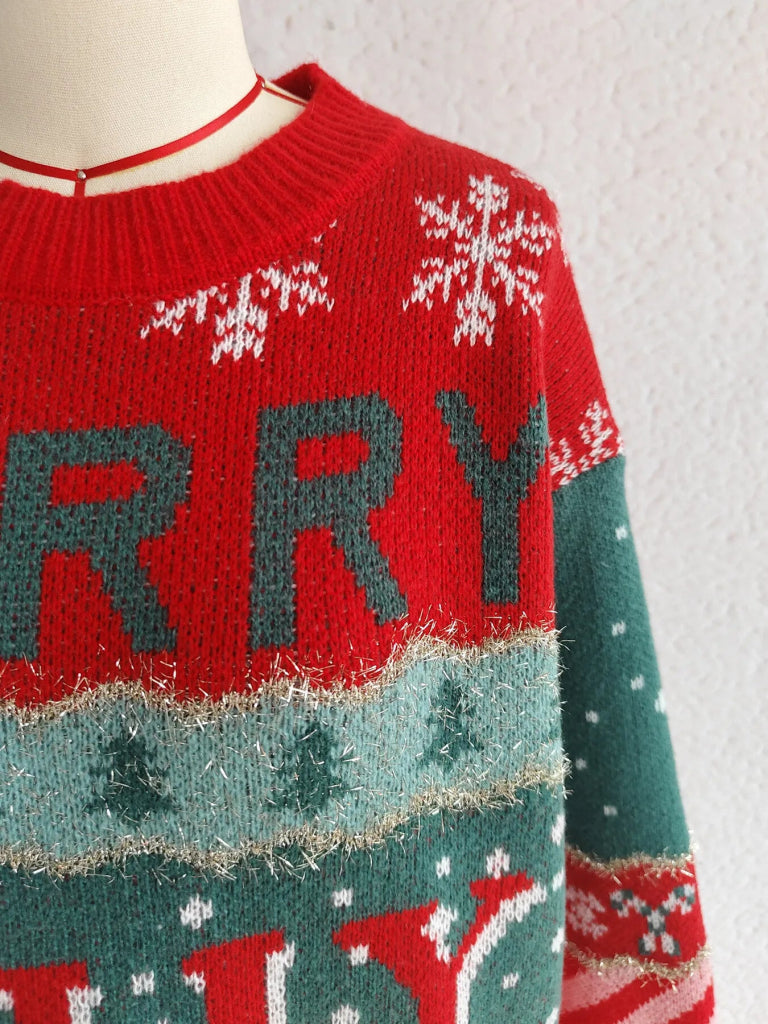 Christmas Letter Round Neck Long Sleeve Sweater - Red by Trendsi from FREYA’S CLOSET