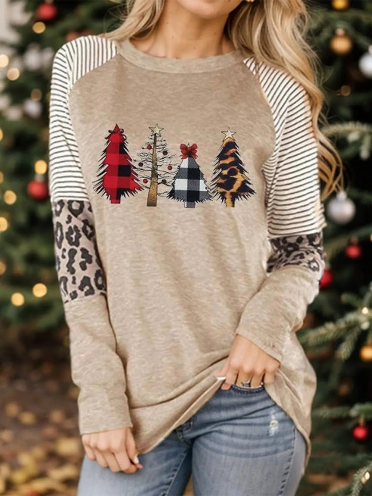 Christmas Tree Graphic Striped Long Sleeve Sweatshirt - Tan by Trendsi from FREYA’S CLOSET