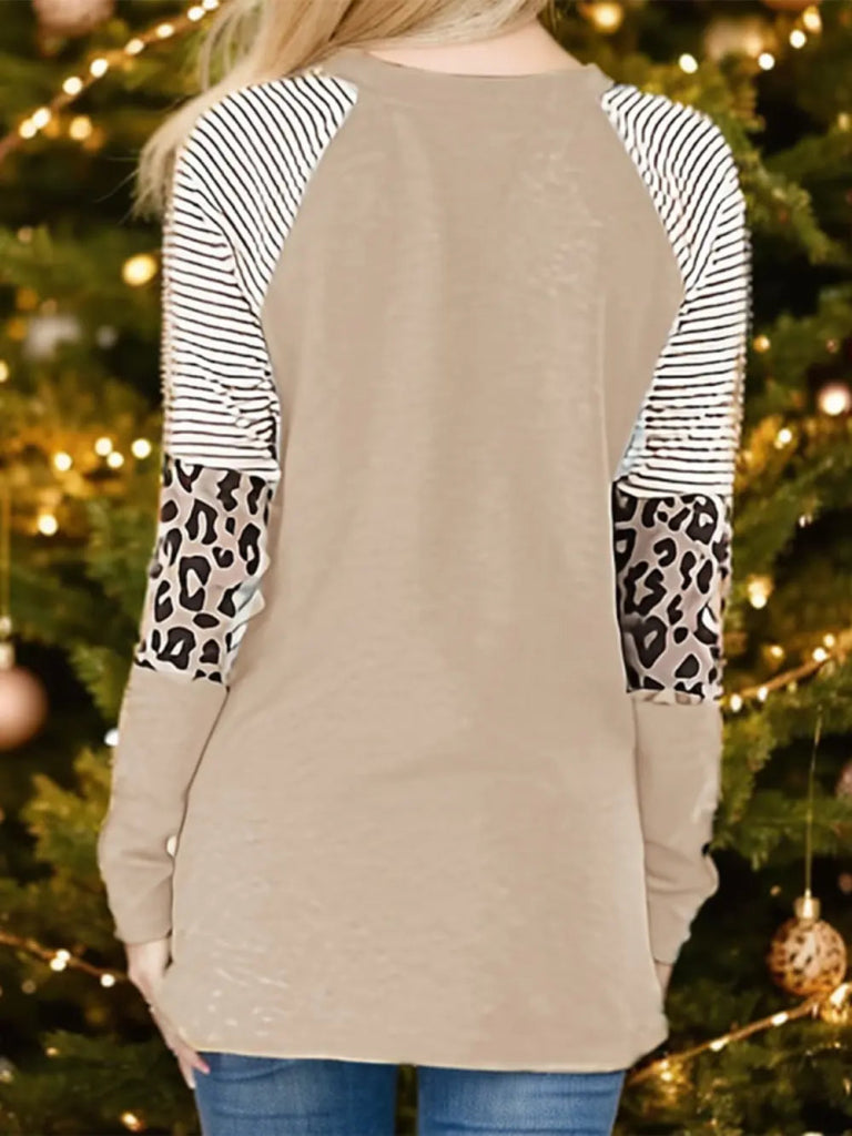 Christmas Tree Graphic Striped Long Sleeve Sweatshirt - Tan by Trendsi from FREYA’S CLOSET