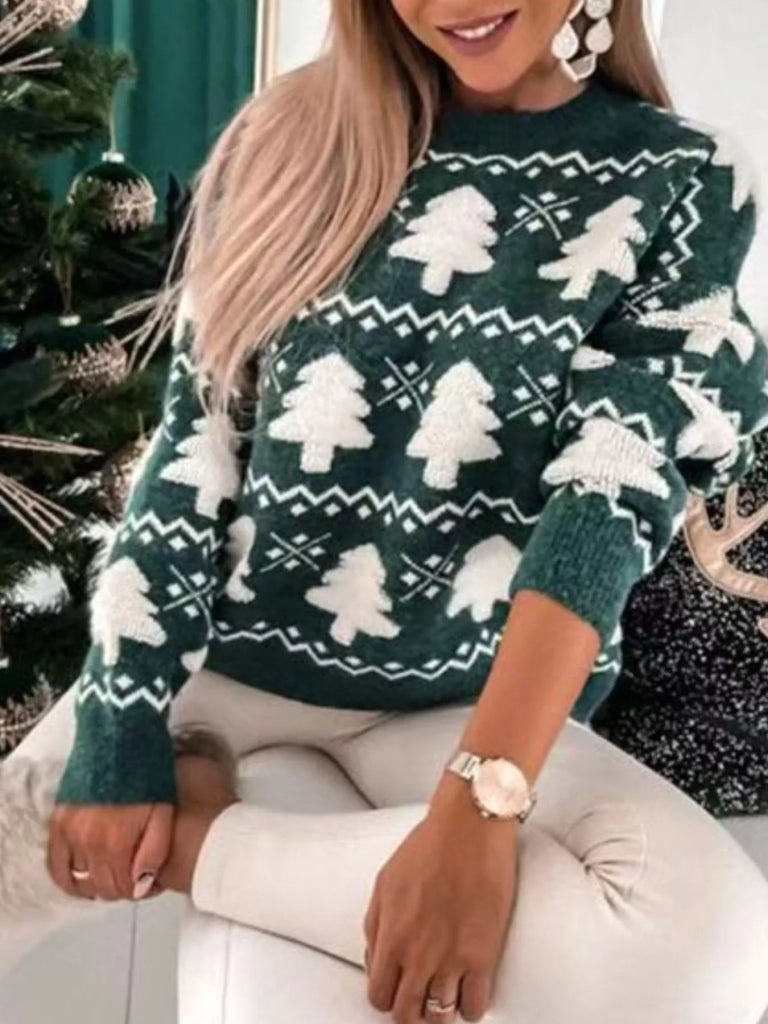Christmas Tree Pattern Long Sleeve Sweater - Green by Trendsi from FREYA’S CLOSET