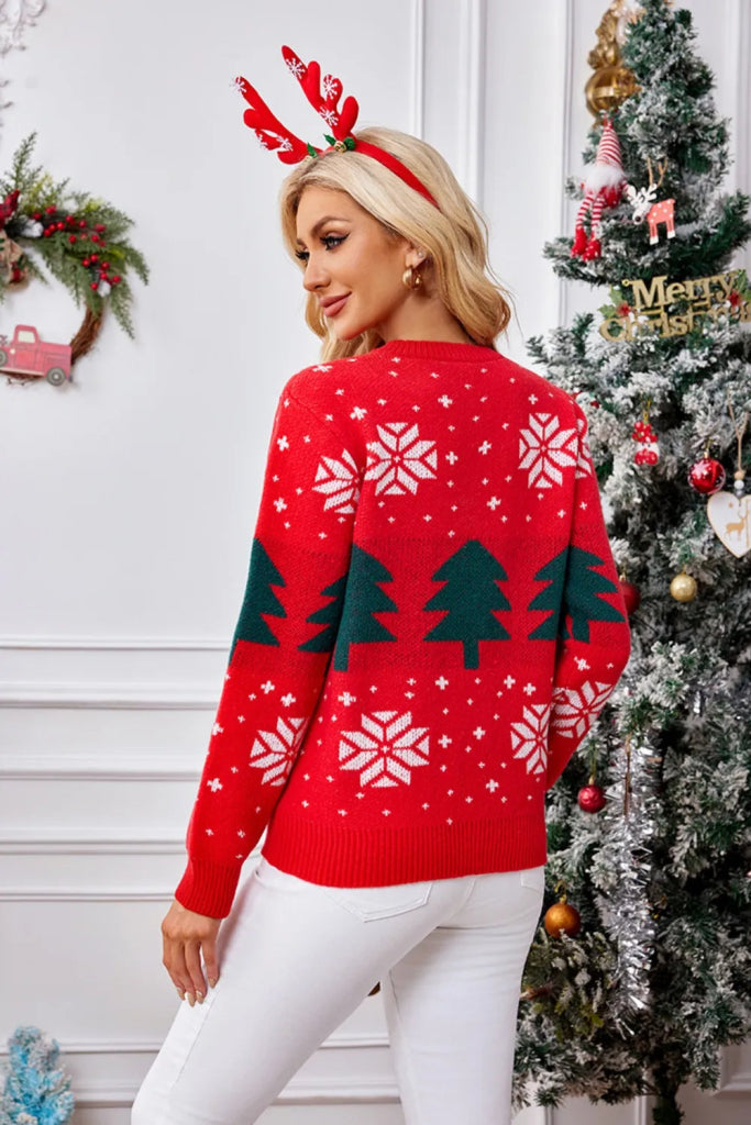 Christmas Tree Round Neck Long Sleeve Sweater - Orange - Red by Trendsi from FREYA’S CLOSET