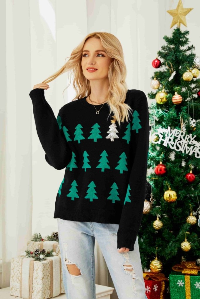 Christmas Tree Round Neck Ribbed Trim Sweater - Black by Trendsi from FREYA’S CLOSET