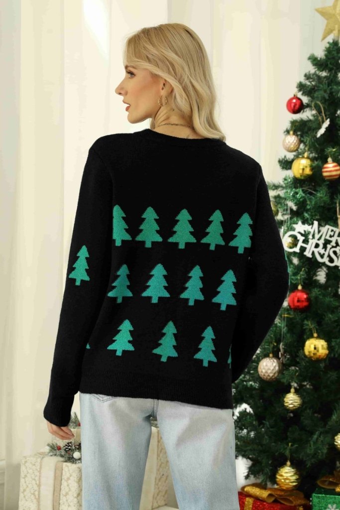 Christmas Tree Round Neck Ribbed Trim Sweater - Black by Trendsi from FREYA’S CLOSET