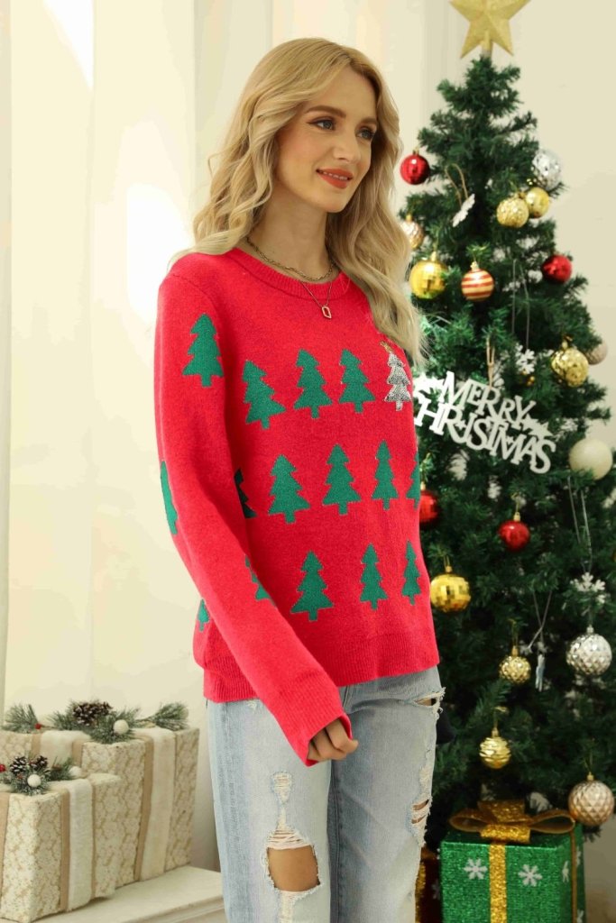 Christmas Tree Round Neck Ribbed Trim Sweater - Red by Trendsi from FREYA’S CLOSET