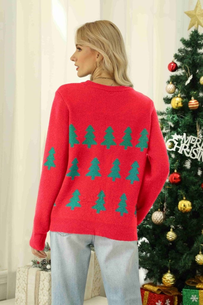 Christmas Tree Round Neck Ribbed Trim Sweater - Red by Trendsi from FREYA’S CLOSET