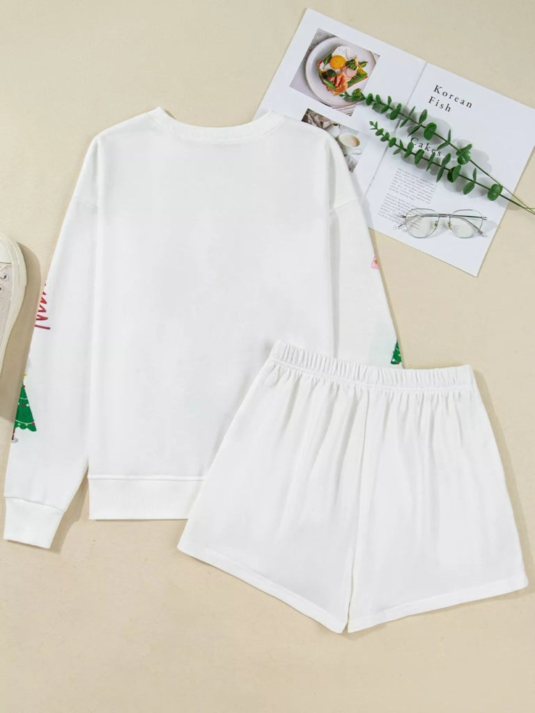 Christmas Tree Round Neck Top and Shorts Set - White by Trendsi from FREYA’S CLOSET