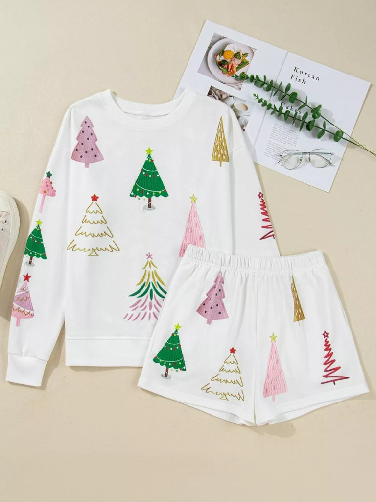 Christmas Tree Round Neck Top and Shorts Set - White by Trendsi from FREYA’S CLOSET