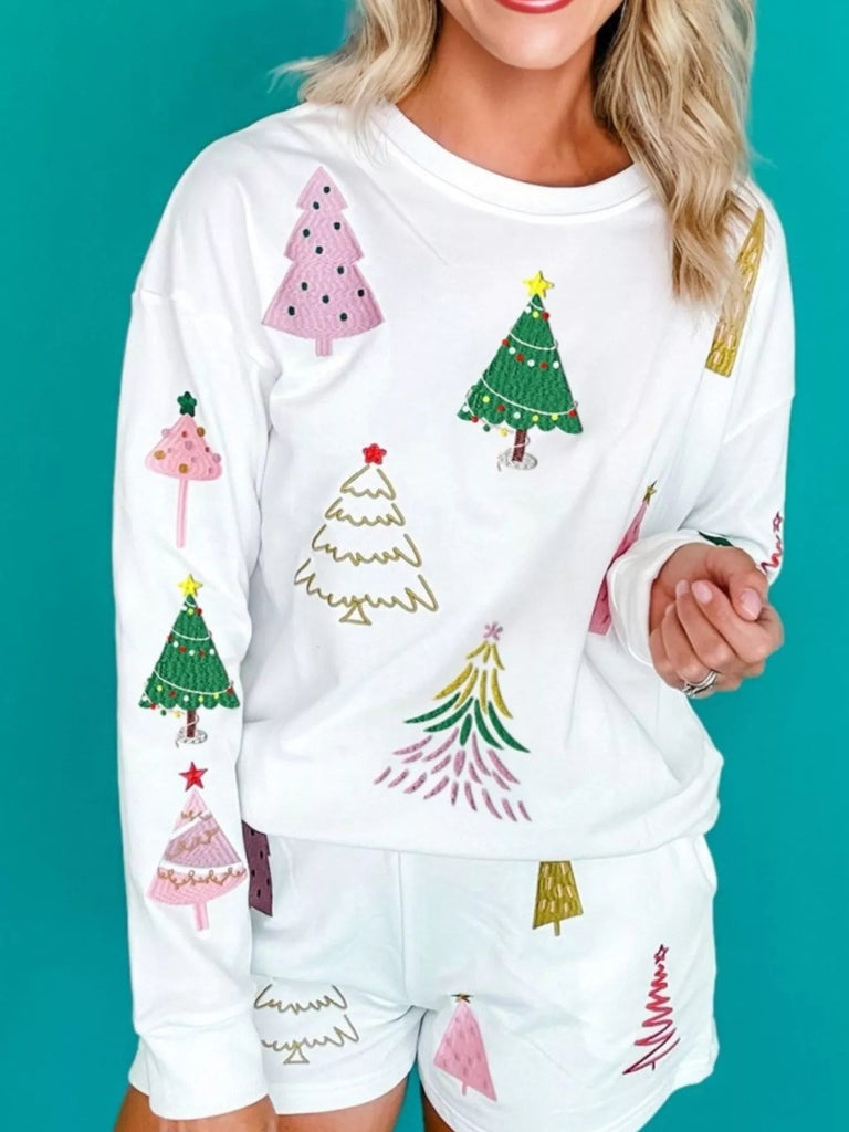 Christmas Tree Round Neck Top and Shorts Set - White by Trendsi from FREYA’S CLOSET