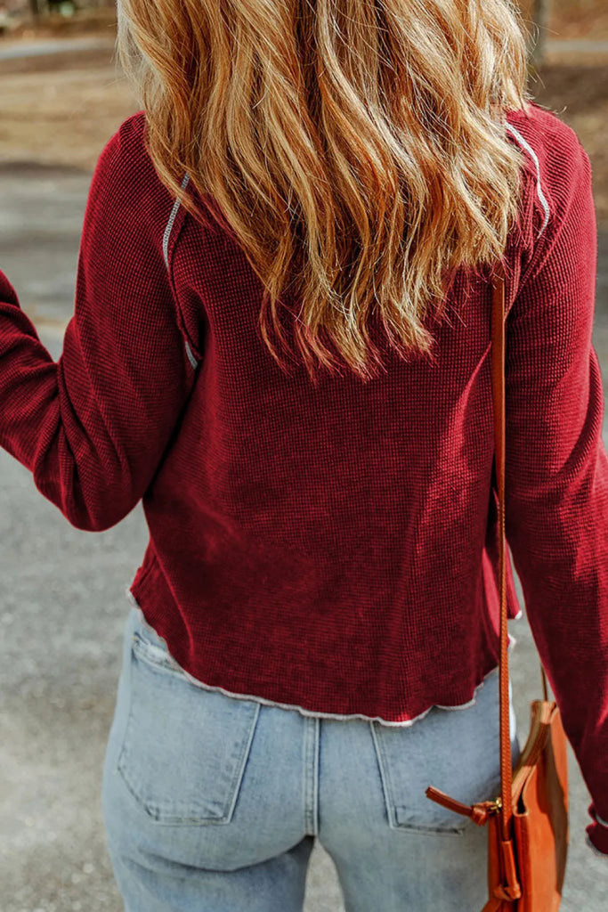 Christmas Tree Sequin Waffle Knit Long Sleeve Sweatshirt - Burgundy by Trendsi from FREYA’S CLOSET