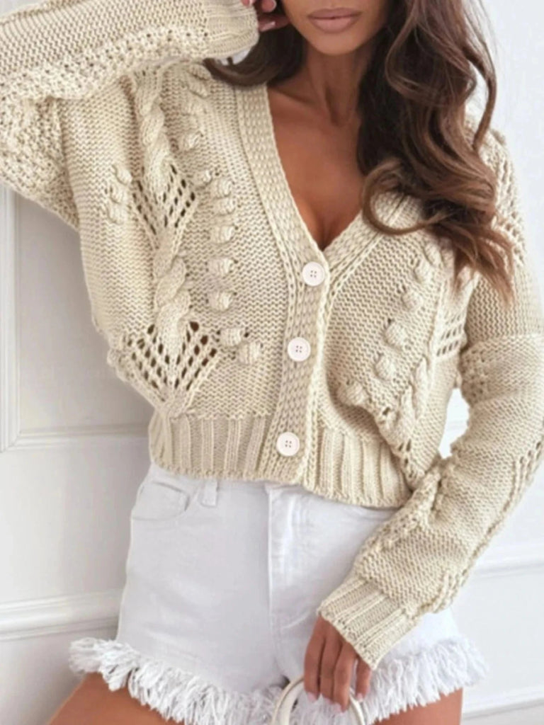 Chunky Cropped Button - Up Sweater Cardigan - Beige by Trendsi from FREYA’S CLOSET