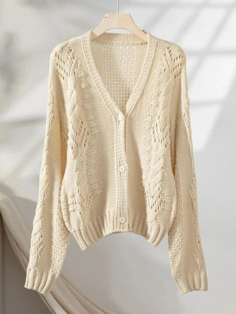 Chunky Cropped Button - Up Sweater Cardigan - Beige by Trendsi from FREYA’S CLOSET