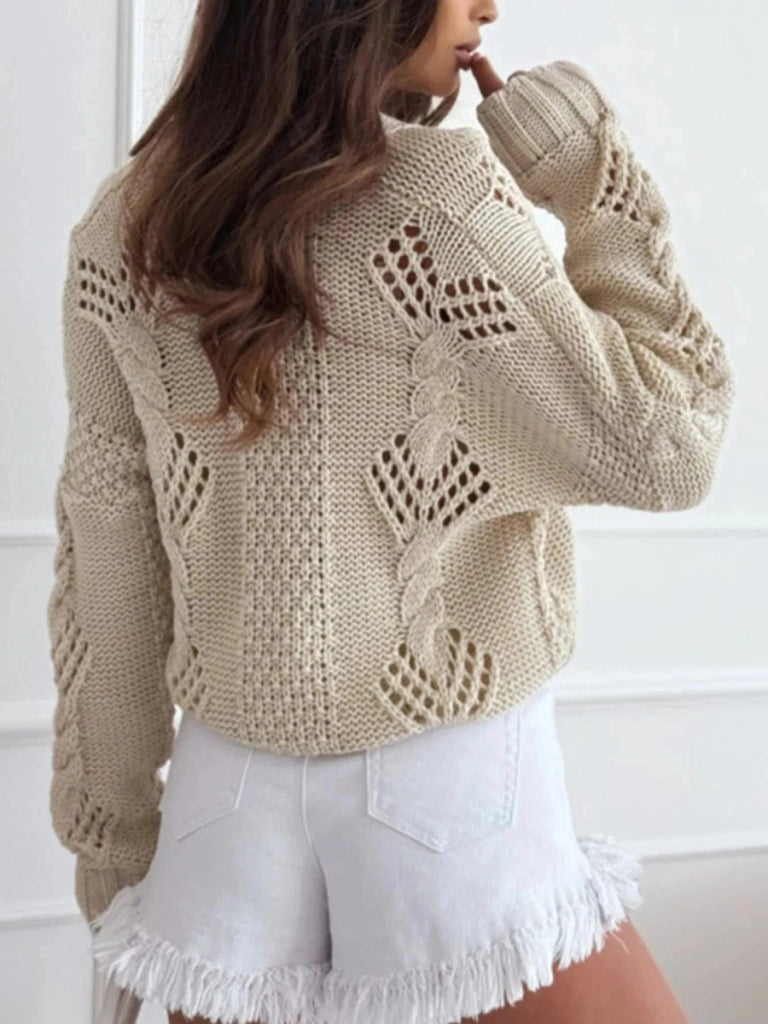 Chunky Cropped Button - Up Sweater Cardigan - Beige by Trendsi from FREYA’S CLOSET