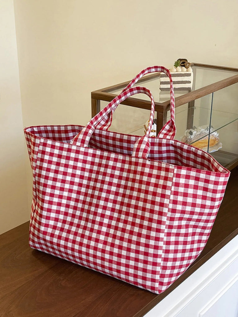 Classic Plaid Tote Bag - Red by Trendsi from FREYA’S CLOSET