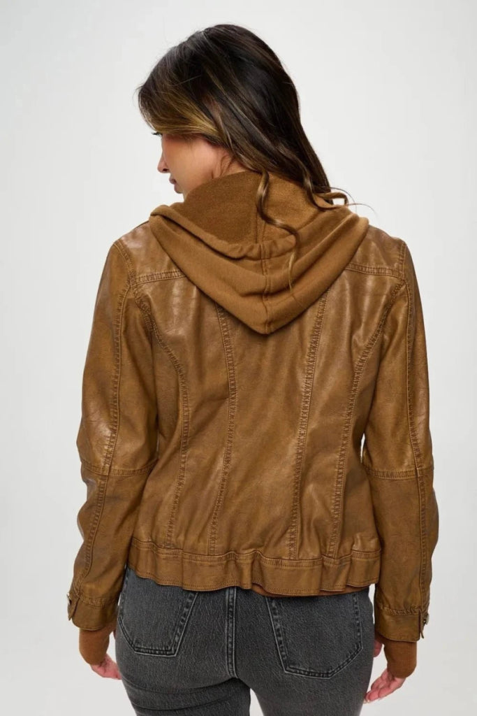 Coalition LA Double Zip Hooded Long Sleeve Jacket - Camel by Trendsi from FREYA’S CLOSET