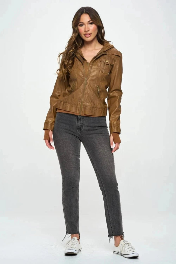 Coalition LA Double Zip Hooded Long Sleeve Jacket - Camel by Trendsi from FREYA’S CLOSET