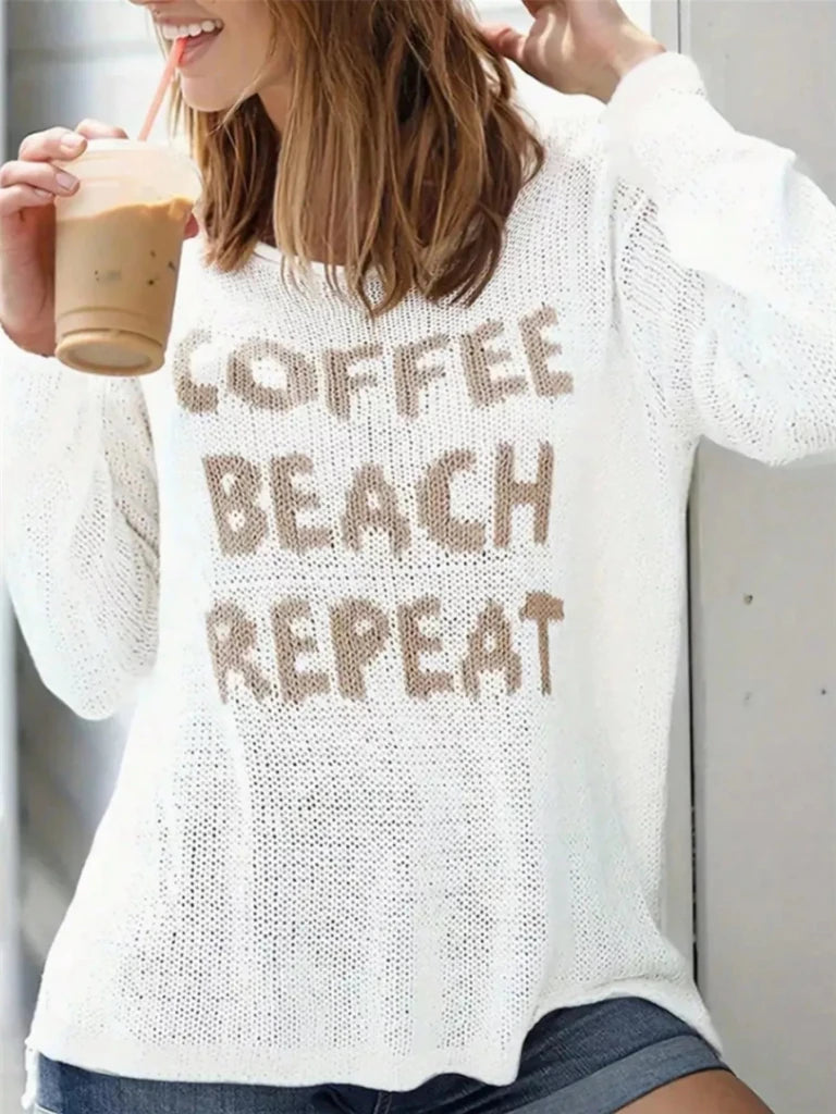 Coffee Beach Letter Side Slit Knit Top - White by Trendsi from FREYA’S CLOSET