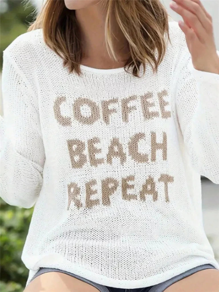 Coffee Beach Letter Side Slit Knit Top - White by Trendsi from FREYA’S CLOSET