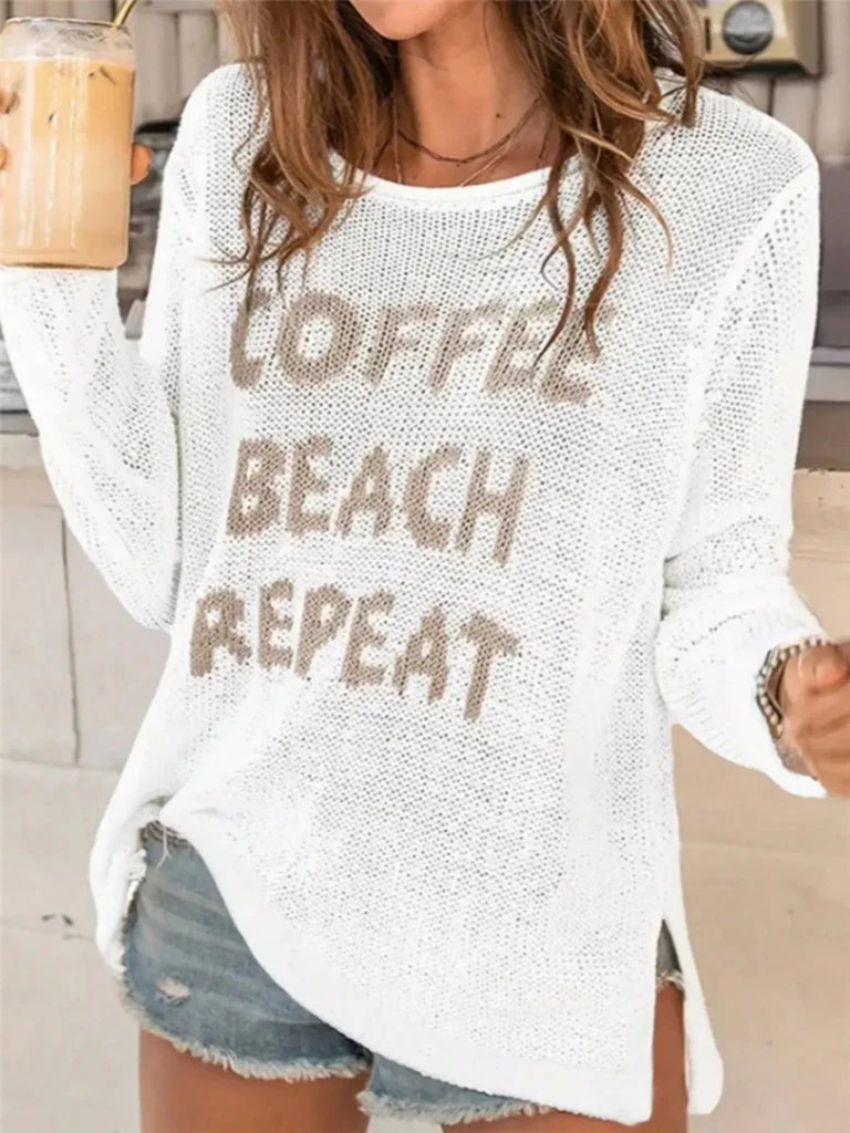 Coffee Beach Letter Side Slit Knit Top - White by Trendsi from FREYA’S CLOSET