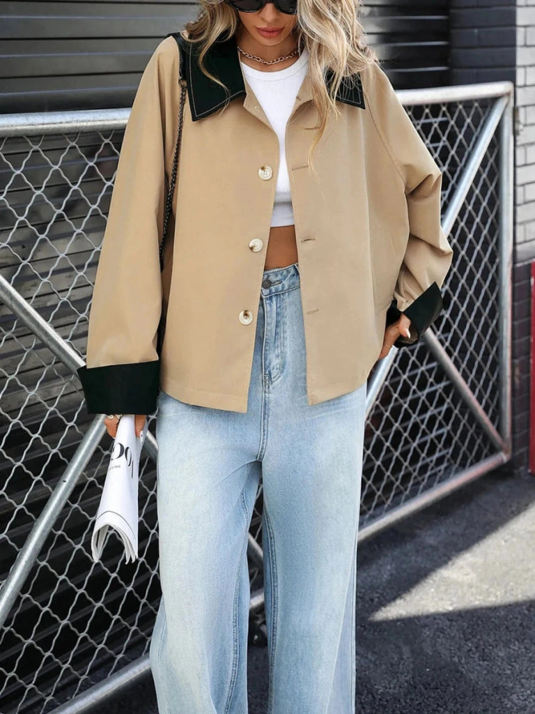 Color Block Button - Up Casual Jacket - Khaki by Trendsi from FREYA’S CLOSET