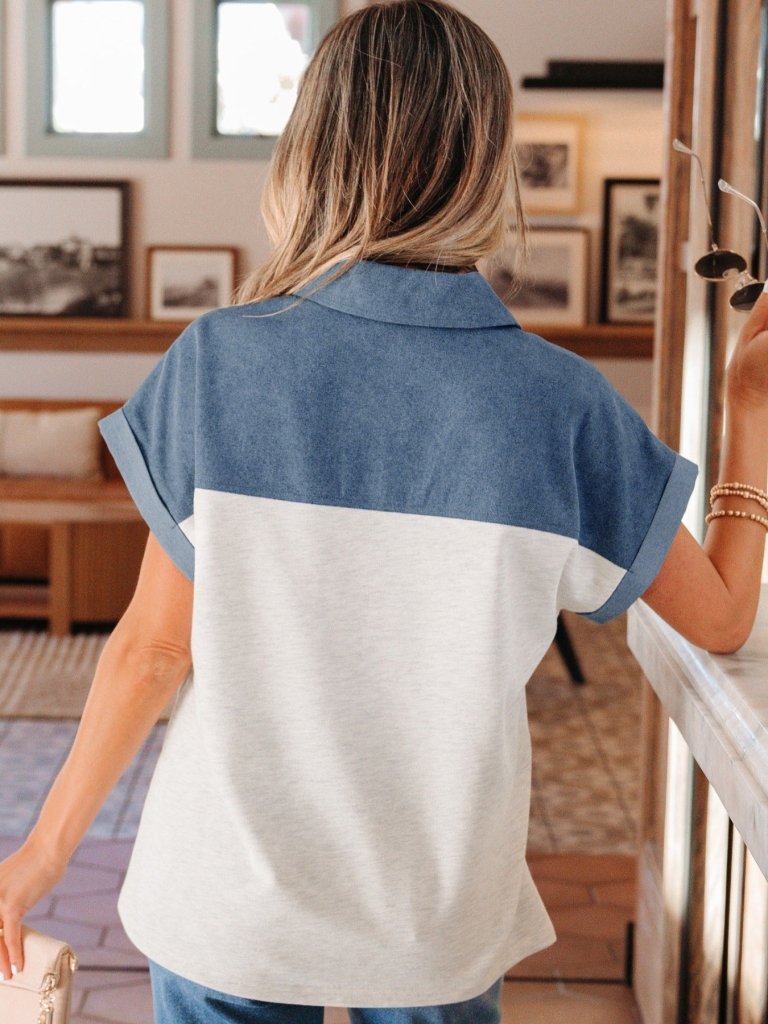 Color Block Denim Patchwork Button Polo Collar Short Sleeve Top - Light Gray by Trendsi from FREYA’S CLOSET