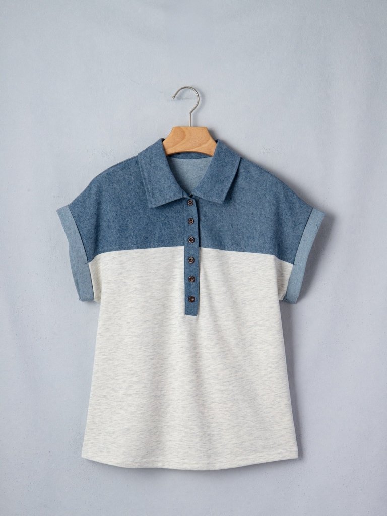Color Block Denim Patchwork Button Polo Collar Short Sleeve Top - Light Gray by Trendsi from FREYA’S CLOSET