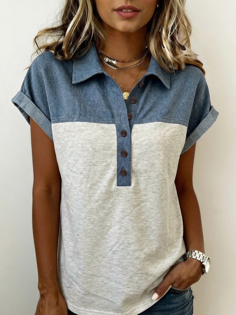 Color Block Denim Patchwork Button Polo Collar Short Sleeve Top - Light Gray by Trendsi from FREYA’S CLOSET