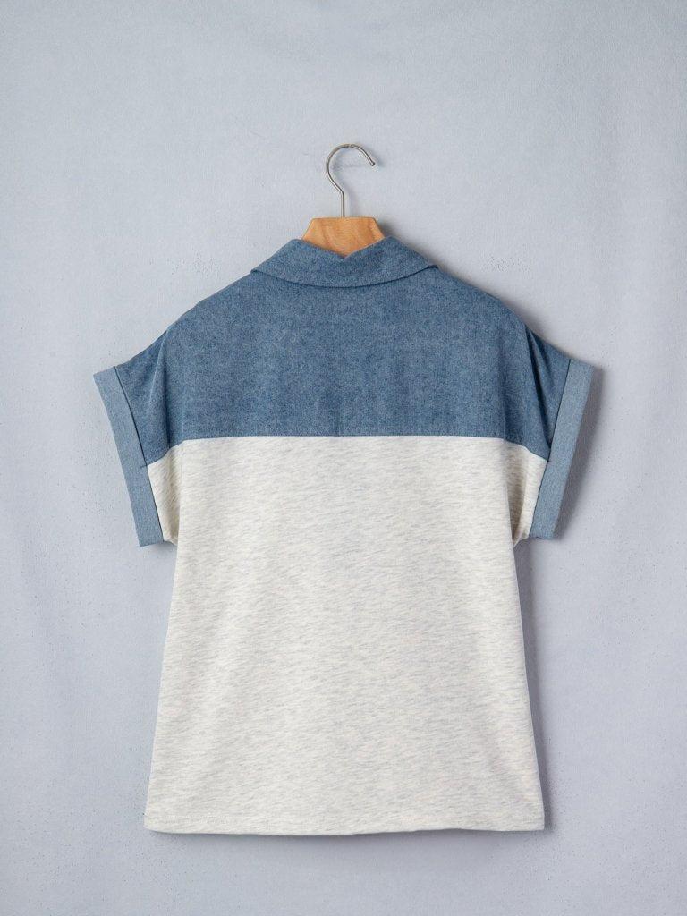 Color Block Denim Patchwork Button Polo Collar Short Sleeve Top - Light Gray by Trendsi from FREYA’S CLOSET
