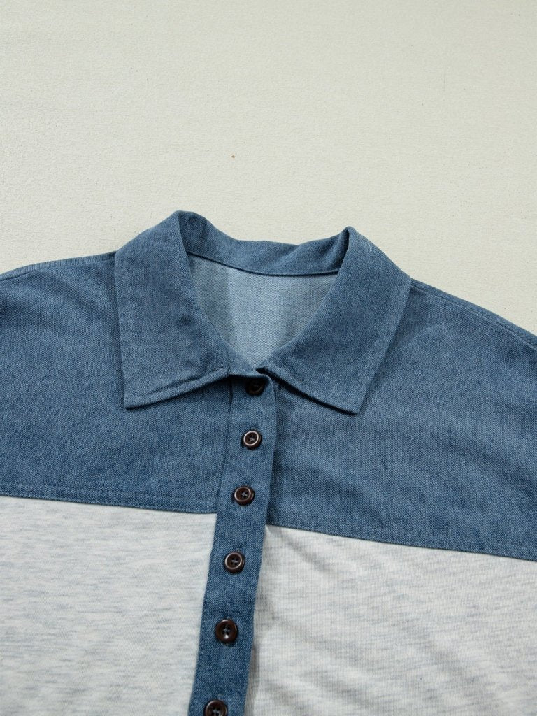 Color Block Denim Patchwork Button Polo Collar Short Sleeve Top - Light Gray by Trendsi from FREYA’S CLOSET