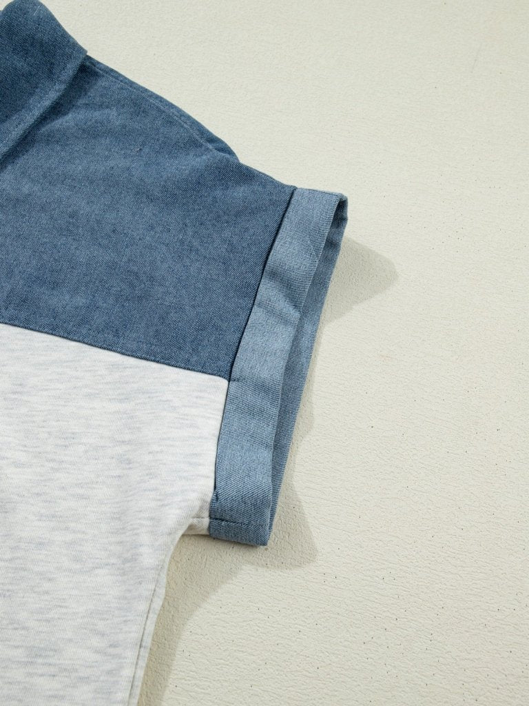 Color Block Denim Patchwork Button Polo Collar Short Sleeve Top - Light Gray by Trendsi from FREYA’S CLOSET