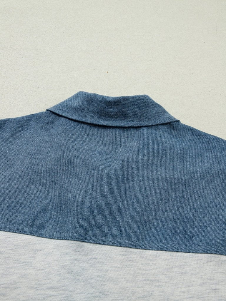 Color Block Denim Patchwork Button Polo Collar Short Sleeve Top - Light Gray by Trendsi from FREYA’S CLOSET