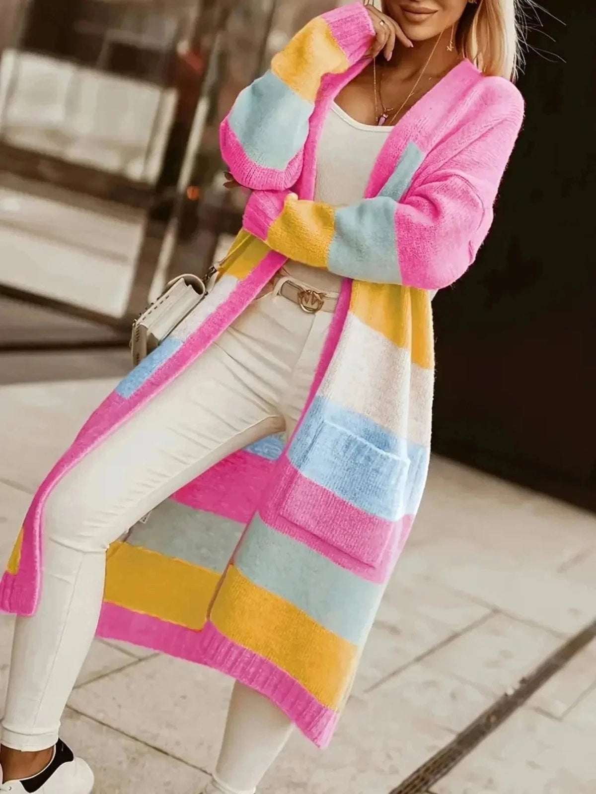 Trendsi Shirts and Blouse Fuchsia Pink / S Color Block Open Front Cardigan