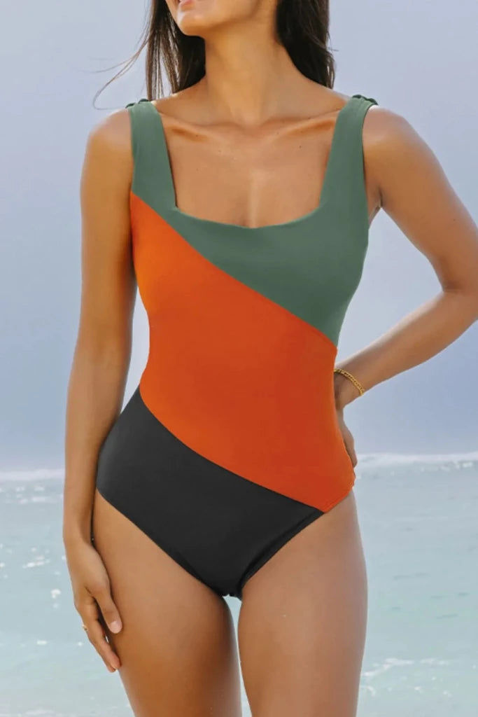 Color Block Padded Square Neck One Piece Swimsuit - Multicolor by Trendsi from FREYA’S CLOSET
