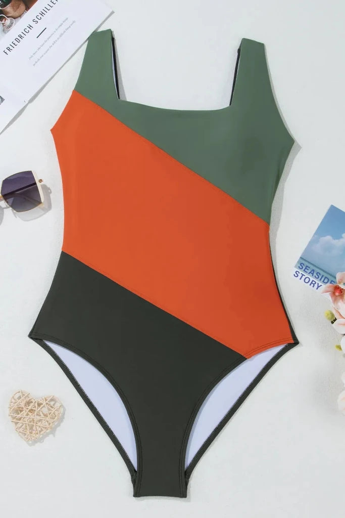 Color Block Padded Square Neck One Piece Swimsuit - Multicolor by Trendsi from FREYA’S CLOSET