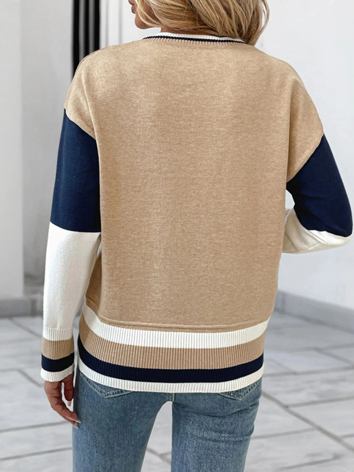 Trendsi Color Block Round Neck Sweater with Ribbed Trim