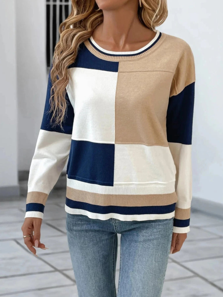 Color Block Round Neck Sweater with Ribbed Trim - Blue White by Trendsi from FREYA’S CLOSET