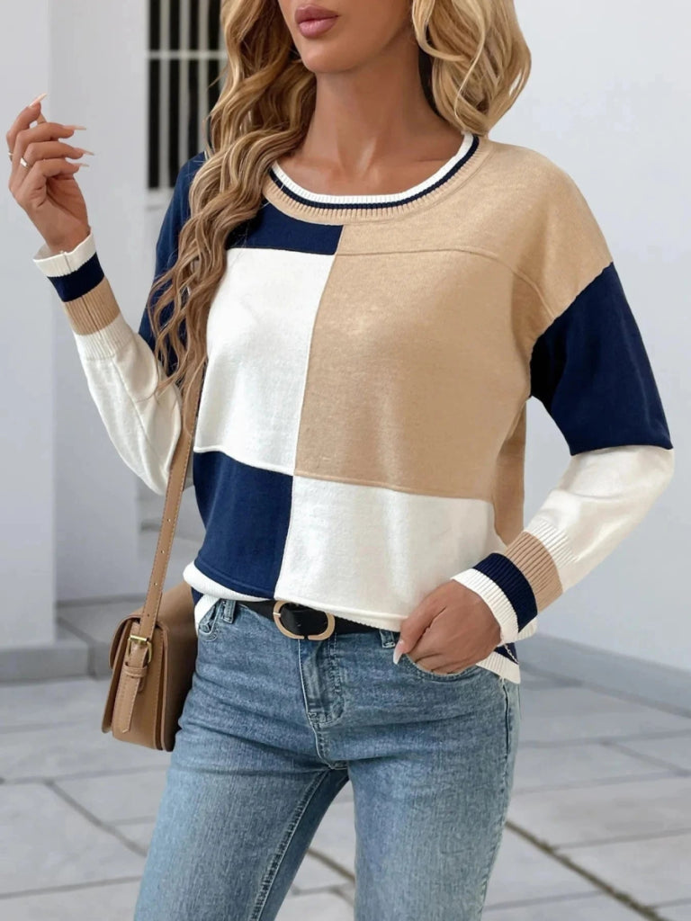 Color Block Round Neck Sweater with Ribbed Trim - Blue White by Trendsi from FREYA’S CLOSET