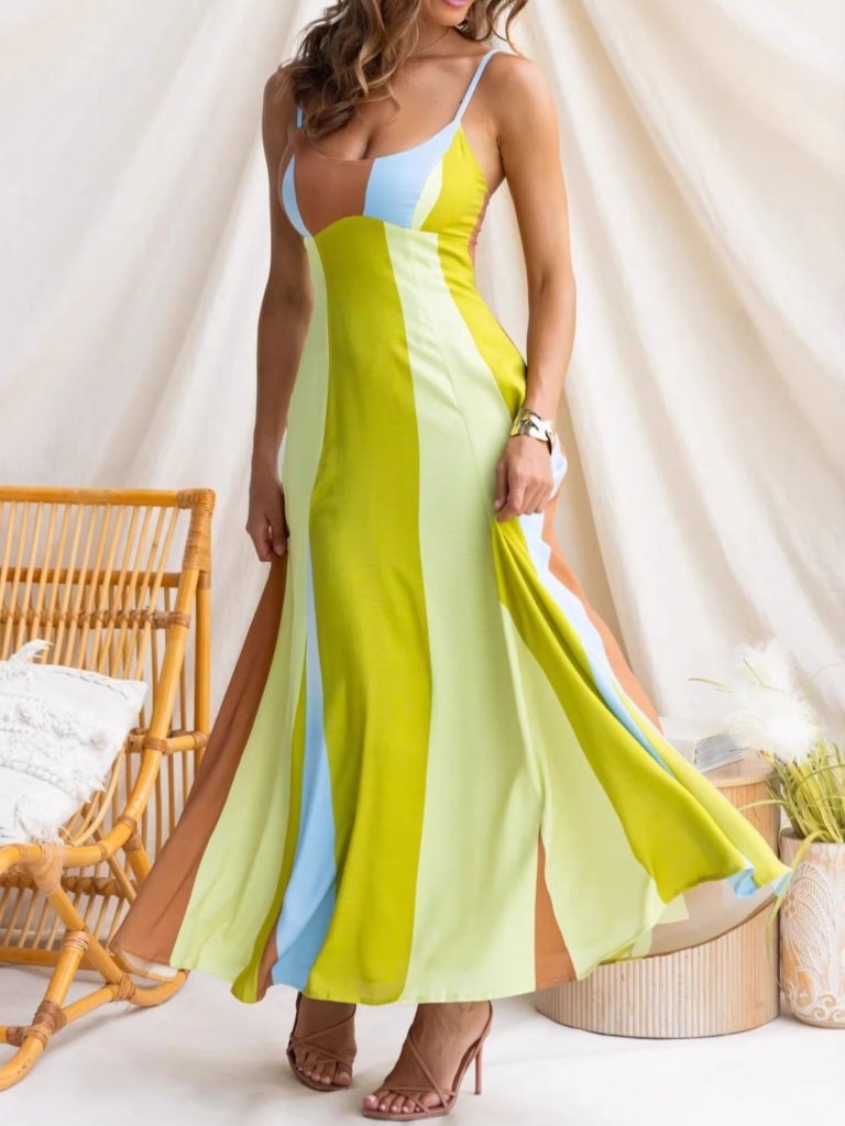 Color Block Spaghetti Strap Maxi Dress - Green by Trendsi from FREYA’S CLOSET