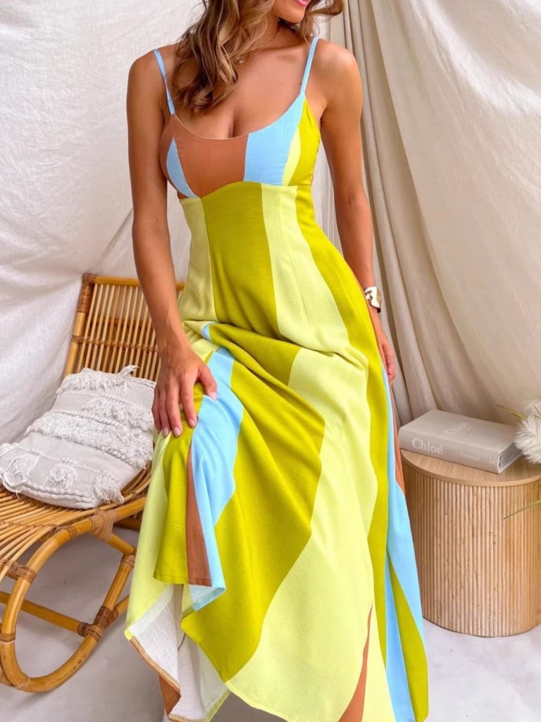 Color Block Spaghetti Strap Maxi Dress - Green by Trendsi from FREYA’S CLOSET