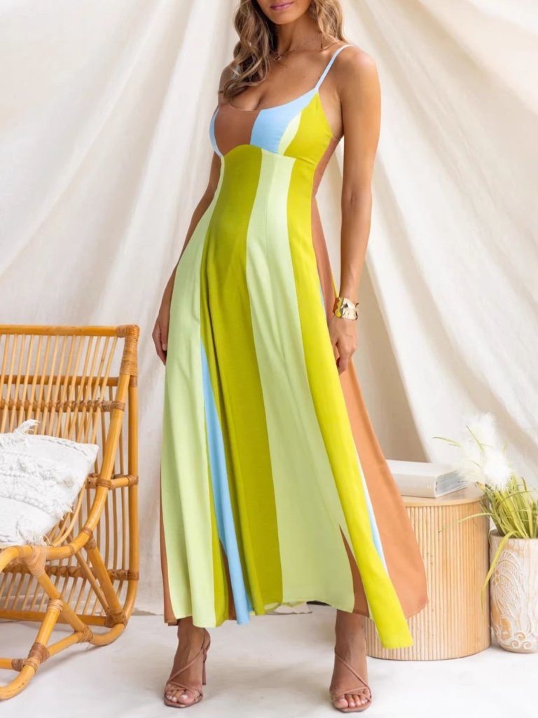 Color Block Spaghetti Strap Maxi Dress - Green by Trendsi from FREYA’S CLOSET