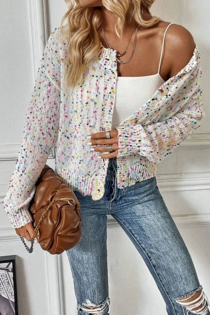 Confetti Button Up Long Sleeve Cardigan - White by Trendsi from FREYA’S CLOSET