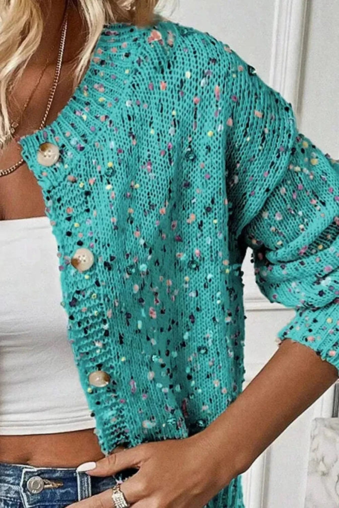 Confetti Button Up Long Sleeve Cardigan - Turquoise by Trendsi from FREYA’S CLOSET