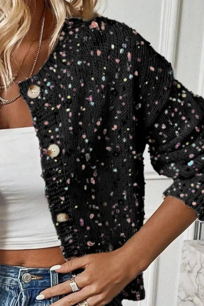 Confetti Button Up Long Sleeve Cardigan - Black by Trendsi from FREYA’S CLOSET