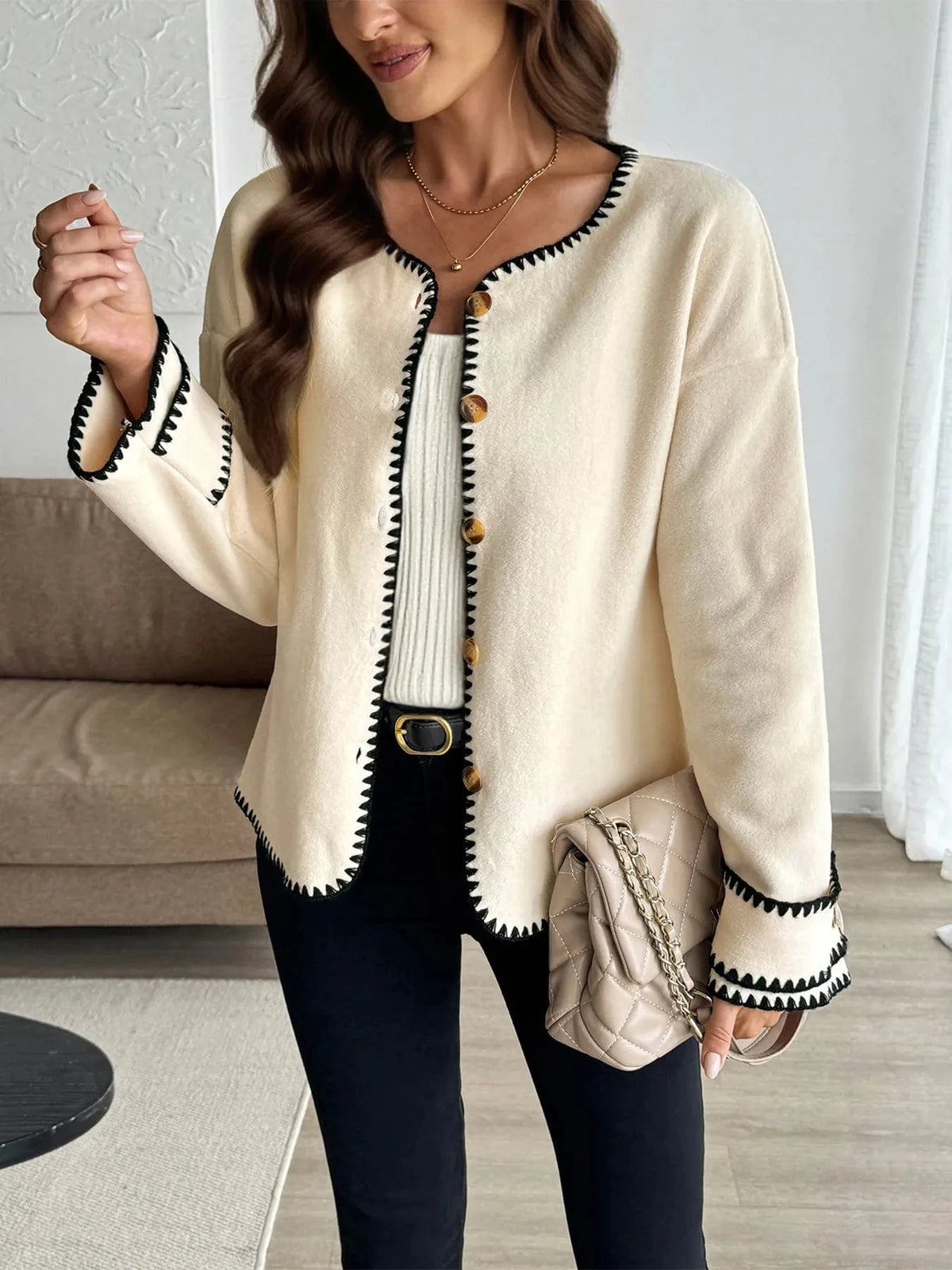 Trendsi Contrast Trim Button Up Jacket