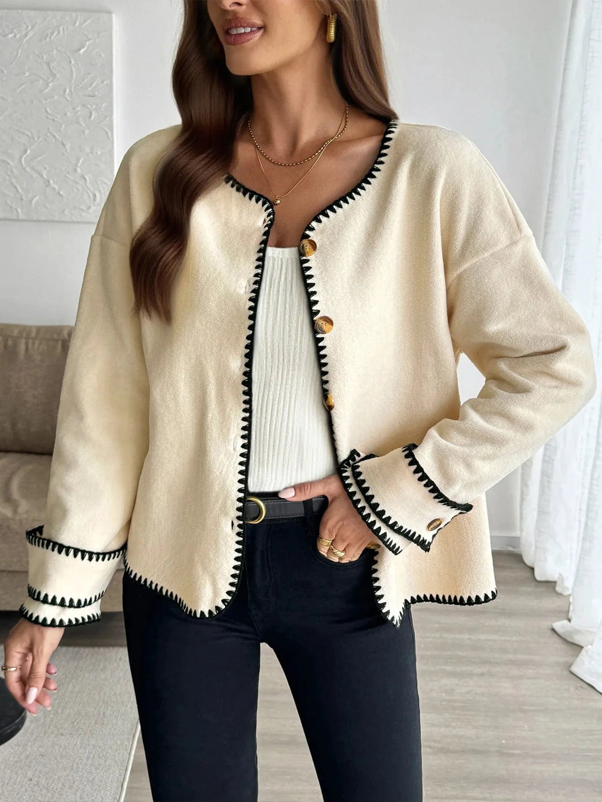 Trendsi Beige / S Contrast Trim Button Up Jacket