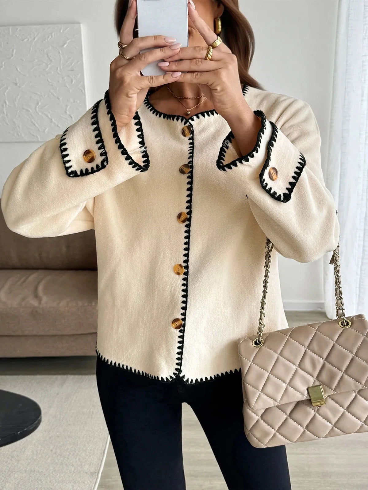 Trendsi Contrast Trim Button Up Jacket