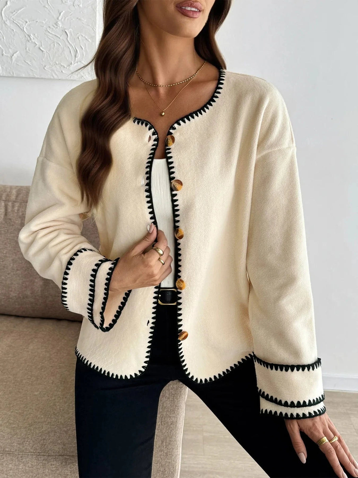Trendsi Contrast Trim Button Up Jacket