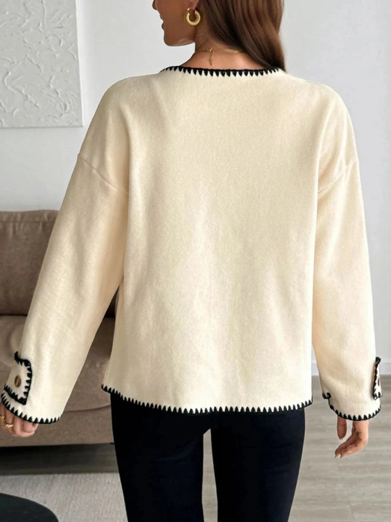 Contrast Trim Button Up Jacket - Beige by Trendsi from FREYA’S CLOSET